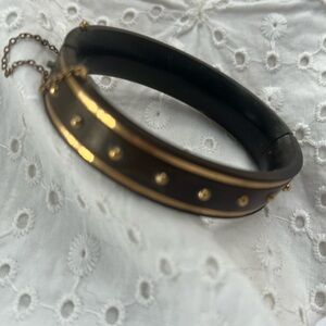 Antique Victorian Gutta Percha 14K Gold Bracelet Mourning Bangle Beaded Cuff S